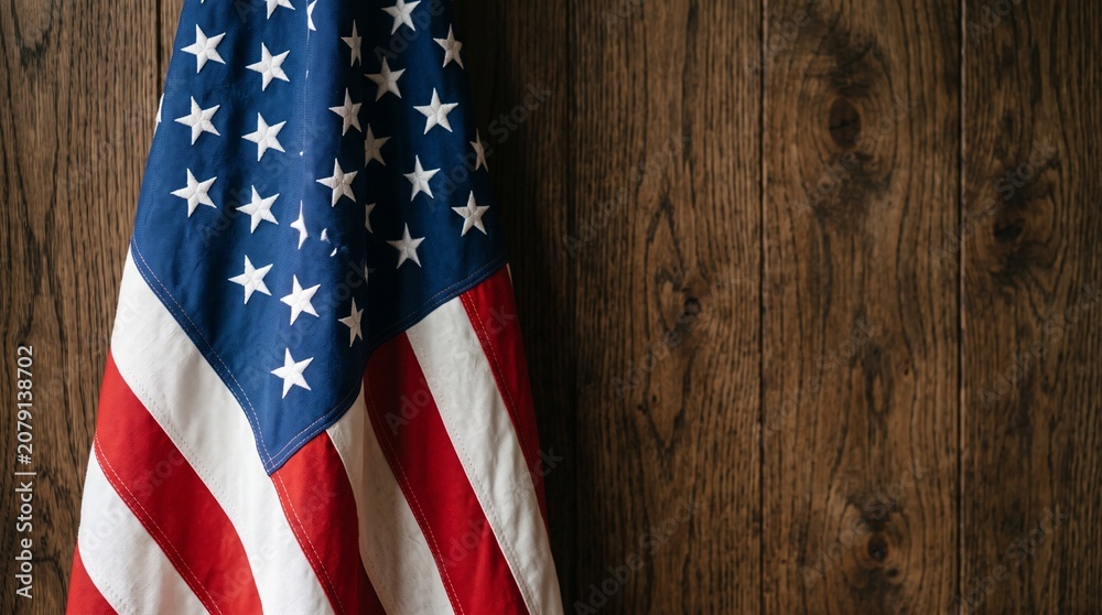 Obraz premium Rustic Dark Oak Wood and American Flag Fabric Texture Background Template Photo