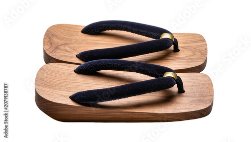 Canvas Print Isolated pair of traditional Japanese wooden geta sandals with dark velvet strap