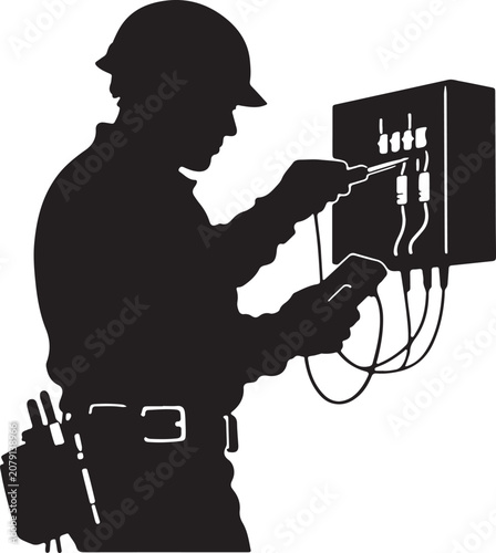 silhouette of an electrician testing a circuit with a screwdriver