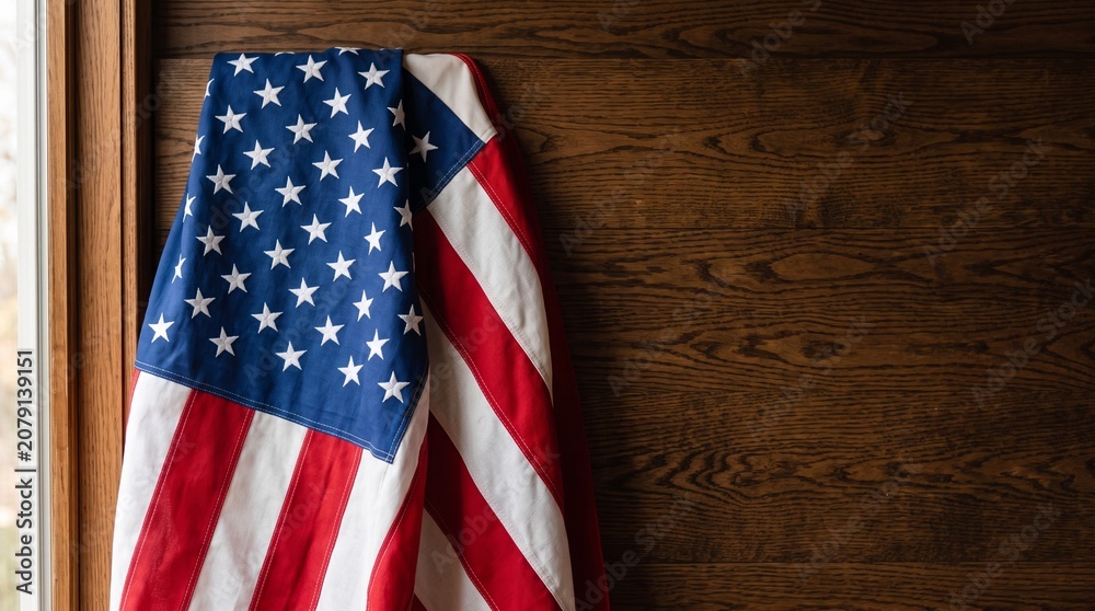 Obraz premium Rustic Dark Oak Wood and American Flag Fabric Texture Background Template Photo