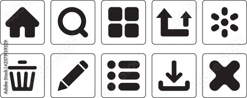 Essential user interface icon set with home, search, dashboard, upload, delete, edit, download, list and close symbols