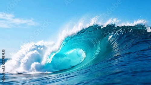 Ocean wave curling with blue sky