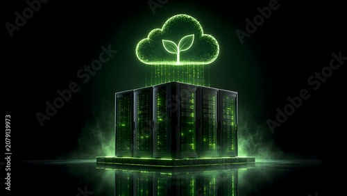 Eco-friendly Cloud Computing with Servers and Green Plant Symbol in a Data Center