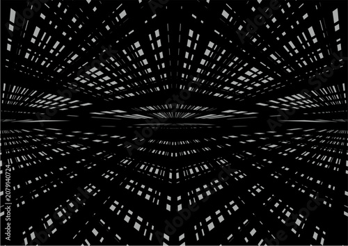 A monochromatic abstract pattern of glowing white dashes and lines arranged in a symmetrical matrix perspective over a black background, evoking binary code or a digital universe.