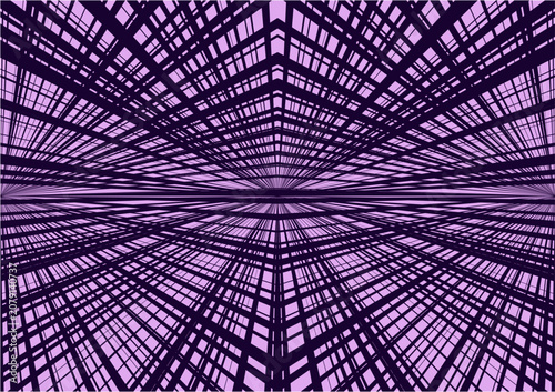 A futuristic abstract design featuring an intense, symmetrical grid perspective of sharp black intersecting lines over a purple gradient background, evoking digital space.
