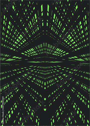 A futuristic abstract pattern of glowing green dashes and lines arranged in a symmetrical matrix perspective over a dark background, evoking a data streams or code matrix effect.
