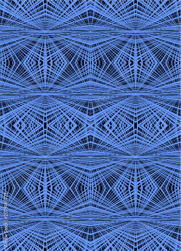 An intricate, symmetrical blue line pattern forming a complex grid mesh over a black background, creating a high-tech optical illusion and digital web effect.