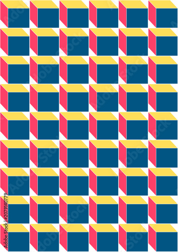 A seamless geometric pattern featuring rows of isometric 3D cubes with blue front faces, yellow top faces, and pink side faces arranged on a clean white background.