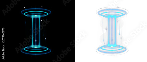 Radiant holographic portal rises with glowing blue circular rings. Energy particles shimmer around the futuristic frame. Transparent PNG suits sci-fi interfaces.

