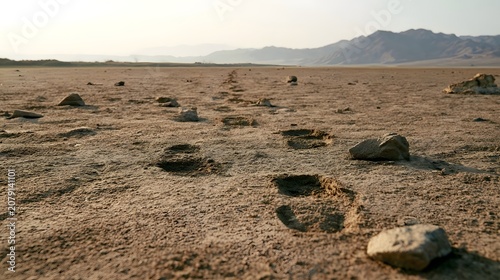 Footprints mark the dry arid ground of a desolate lake or desert landscape evoking a peaceful and solitary mood