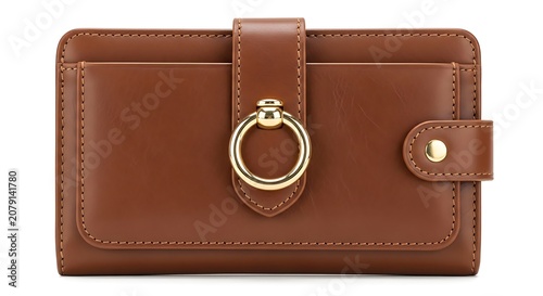 Brown leather bifold wallet with decorative brass ring closure