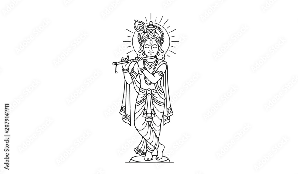 Fototapeta premium Lord Krishna Line Drawing for Krishna Janmashtami