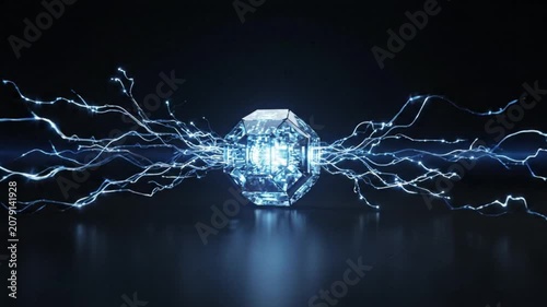 Futuristic Rotating Blue Geometric Core with Glowing Electrical Discharges on Dark Background
