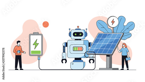 Eco friendly team using solar panels and renewable energy to charge an industrial robot and large battery for sustainability.