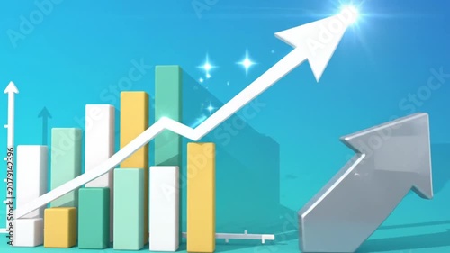 3D Animated Bar Chart with Rising Arrows Representing Business Growth and Financial Success on Blue Background
