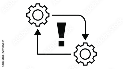 Minimalist black and white icon illustration showing two mechanical gears connected by arrows with a central exclamation point warning symbol