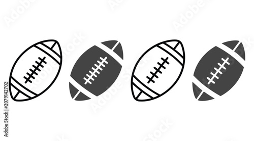 Four black and white football ball icons displayed in a clean simple line art and solid silhouette graphic style