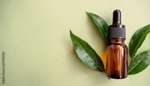 amber glass dropper bottle on green tea leaves and pastel background for skincare e commerce banner