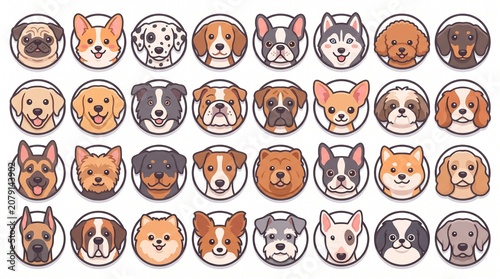 A clean vector illustration displaying a grid of thirty-two cute cartoon dog breed avatar icons inside circular frames, isolated on a solid white background.