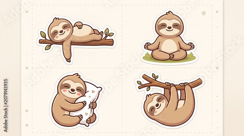 A collection of four adorable cartoon sloth stickers in different poses: sleeping on a branch, meditating, hugging a pink heart pillow, and hanging upside down, isolated on a light background.
