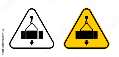 Overhead load warning sign set with suspended load symbol. Crane lifting hazard signs for industrial safety, warehouse handling and workplace protection