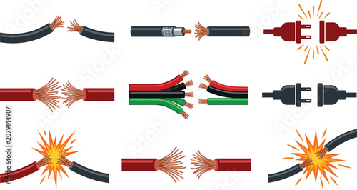 Obraz na płótnie Broken Electric Cable and Damaged Wire Vector Icon Set with Short Circuit Sparks