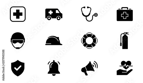 Set of black medical, safety, and emergency icons Vector