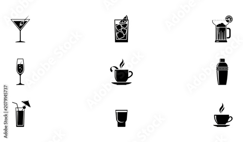 Flat icons set of drinks and beverages with preparation tools Vector