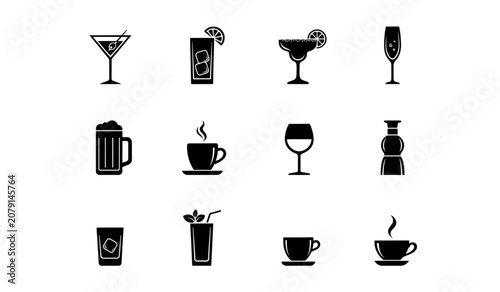 Flat black and white drink and coffee icons set Vector