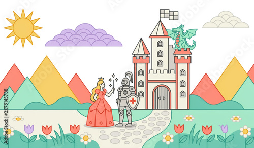 Colorful cartoon village scene with people and buildings on a sunny day Vector