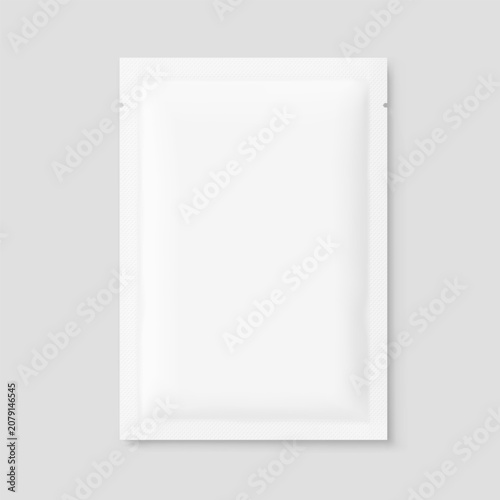 Four side seal sachet bag mockup. Front view. 3D hight realistic vector illustration isolated on grey background. Scalable and editable without lose quality. Ready layered template for design. EPS10.