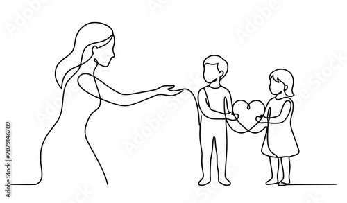 Single Continuous Line Drawing of Children Giving Heart to Mother Family Love Vector