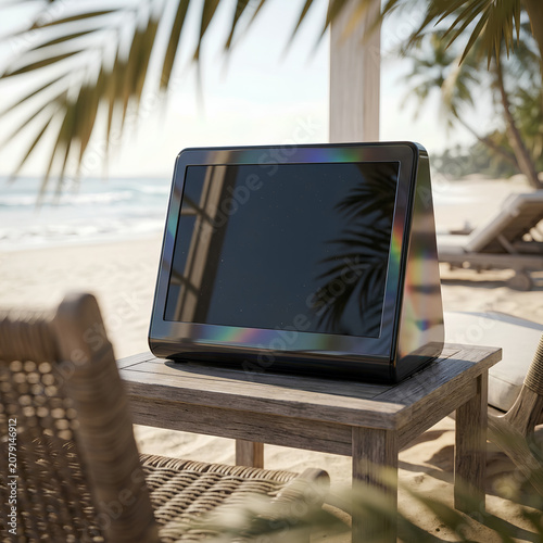 Beachside tablet on wooden table under palm shade by the sea.