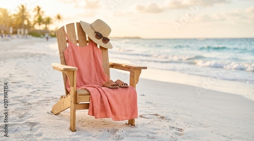 Beach chair with sun hat and sunglasses on white sand beach at sunset