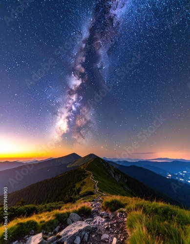 The Milky Way galaxy arches over a winding mountain ridge at dusk.