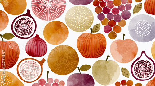 Abstract Nordic Style Fruit Pattern Background with Watercolor Texture