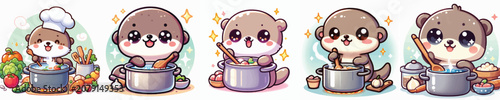 Photos Vector of a cute cartoon otter character stirring a cooking pot