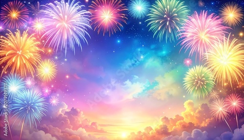 カラフルな花火フレーム背景動画｜ニューイヤー・夏祭り・イベント向けテキストスペース素材