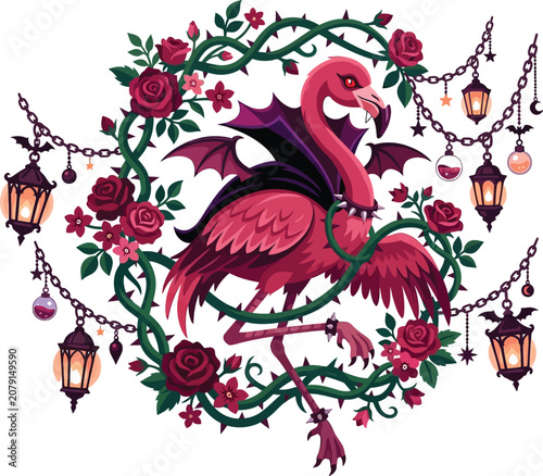 Flamingo vampire spreads its wings inside a wreath of dark autumn roses.