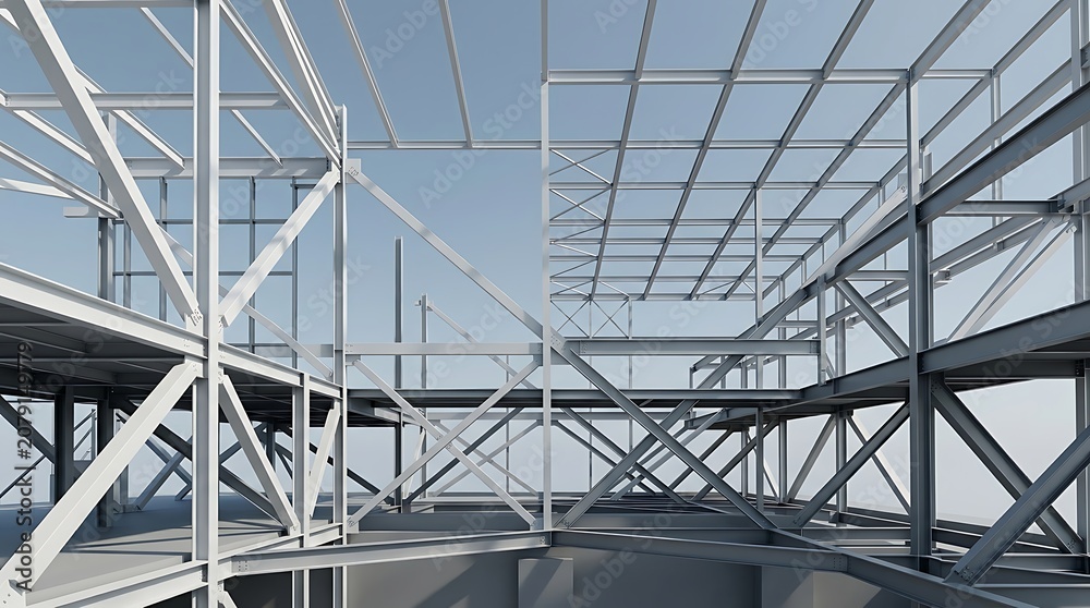 Fototapeta premium Modern Steel Frame Structure Under Construction Against Clear Blue Sky