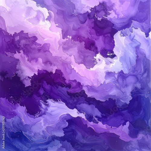 An abstract watercolor painting features swirling patterns of various shades of purple, with delicate gold lines accentuating the organic forms.