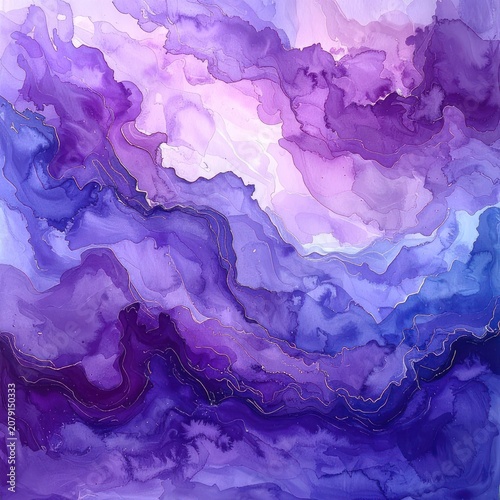 Abstract fluid art with layers of purple and blue hues accented with delicate gold lines.