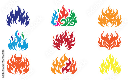 Colorful flame shapes collection with vibrant hues vector illustration silhouette