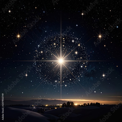 A brilliant star shines in the night sky over a distant town, with a celestial sphere of smaller stars.