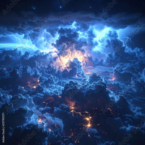 A dramatic aerial view of a powerful thunderstorm with lightning illuminating dark clouds above a city at night.