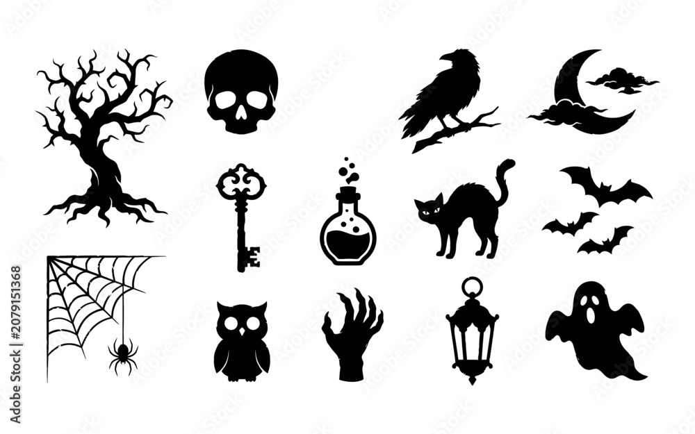Obraz premium Halloween themed silhouettes including ghost bats spiderweb and spooky tree silhouette