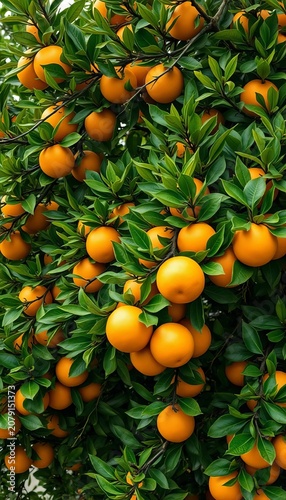 Dense foliage of vibrant green citrus tree branches laden with juicy oranges and leaves, sunlight, oranges