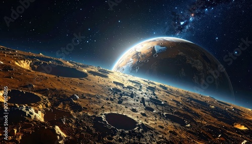 A stunning view of a cratered moon or planet surface with a large, Earth-like planet rising in the background.