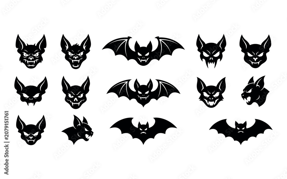 Fototapeta premium Collection of halloween bats silhouettes with various expressions and wing positions black silhouette