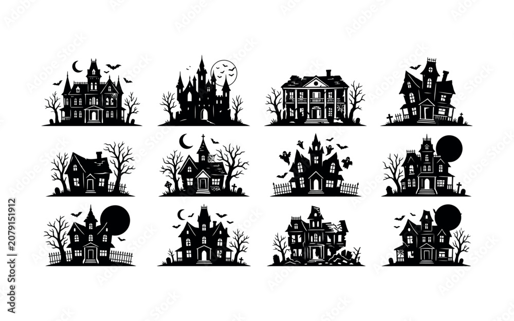 Fototapeta premium Halloween haunted houses and spooky elements silhouette bundle on white background